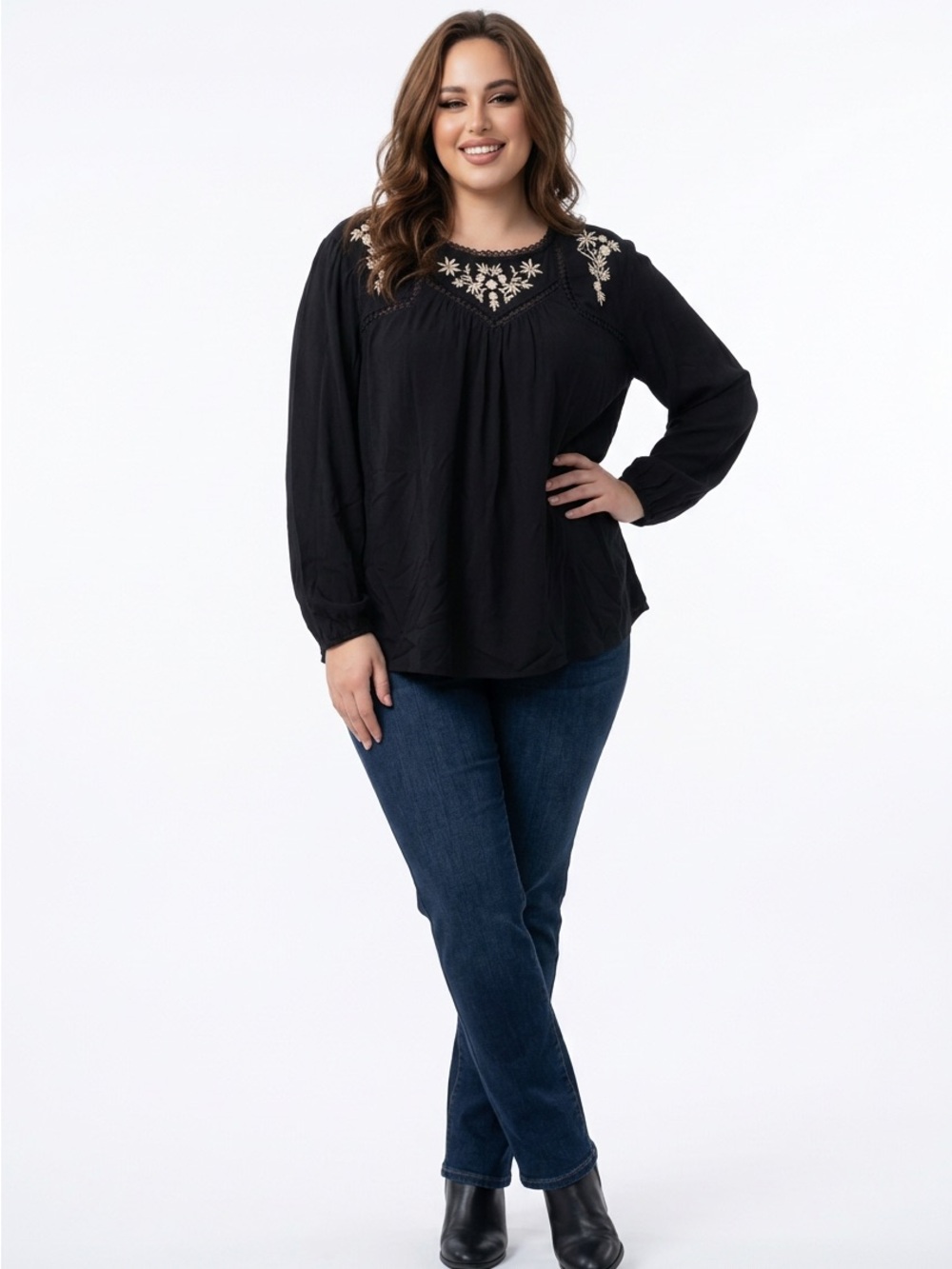 Lane Bryant Black Blouse with White Floral Embroidery size 22